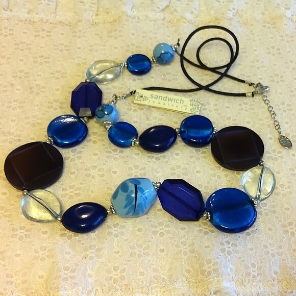 Vintage NEW sandwich jewellery Blue Brown Black Beads VTG Art Deco Necklace - Picture 5 of 8